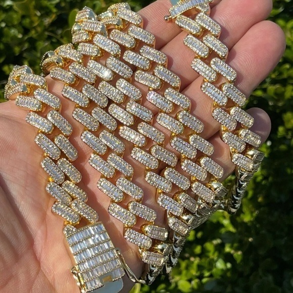 Men's Miami Cuban Link Chain Baguette Iced CZ 14k Gold Plated - Picture 5 of 5